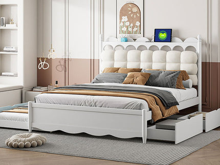 Storage Platform Bed, With 2 Big Drawers, Trundle, One Set Of Sockets & USB Ports