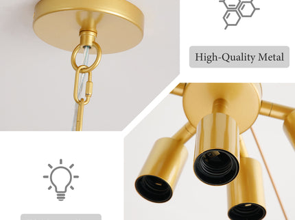 Chandelier With 7 Light E26 Base, Adjustable Height Wave Pendant Light For Living Room - Gold