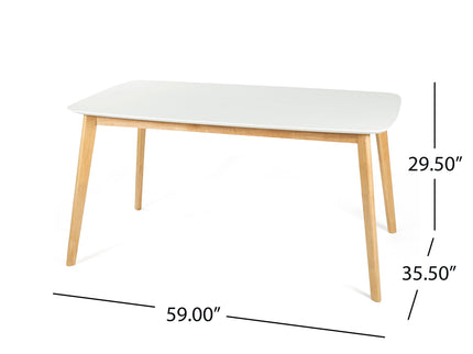 Dining Table With Splayed Rubberwood Legs & Faux Wood Tabletop, Mid Century Modern - White Oak