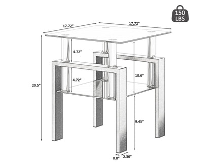 Modern Tempered Glass Tea Table, End Square Table For Living Room - Black