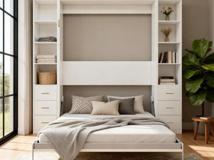 Queen Size Murphy Wall Bed With Side Storage Cabinets - White