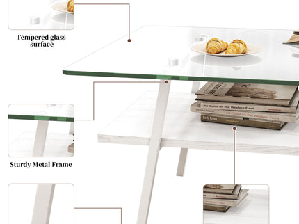 Rectangle Coffee Table, Tempered Glass Tabletop With Metal Legs, Modern Table For Living Room