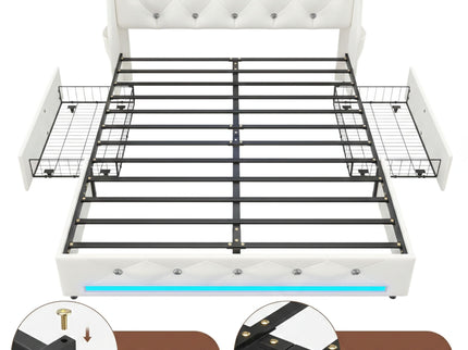 Wingback Upholstered Bed Frame With LED Lights, Charging Station