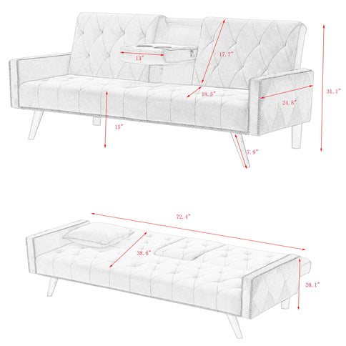Sofa Bed With Nail Head Trim And Cup Holders - Pink