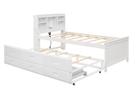Platform Bed With Storage Headboard, USB, Trundle And 3 Drawers