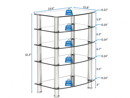 5 Tier Tempered Glass Side Table, Stainless Steel Frame End Table For Living Room, Bedroom - Black