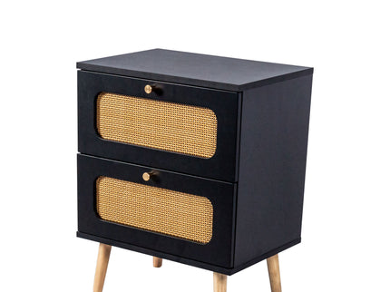 2 Drawer Rattan Nightstand For Bedroom And Living Room, End Table, Side Table With 2 Hand Made Rattan Decorated Drawers - Black