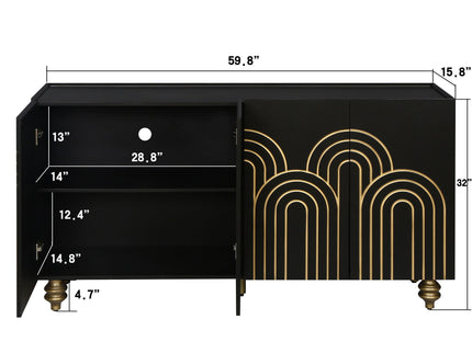 Modern Fluted Sideboard Buffet With Storage, Curve Element, 4 Doors With Adjustable Shelves
