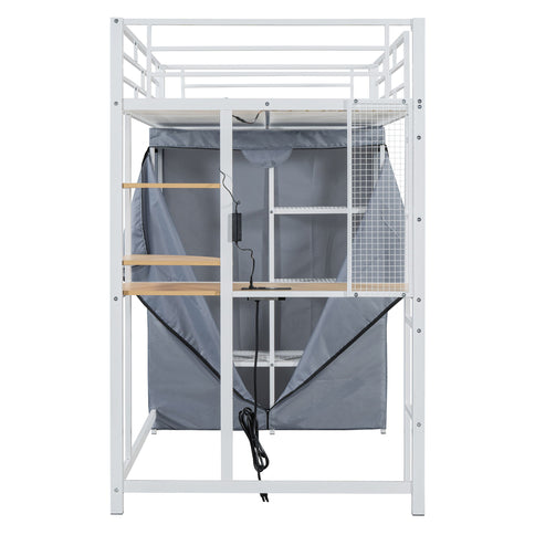 Loft Bed With Desk, Shelves, Power Outlet, LED Light And Wardrobe