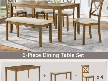 6 Piece Dining Table Set, Large Rectangular Table With Upholstered Bench & 4 X - Back Chairs, Kitchen Furniture - Oak