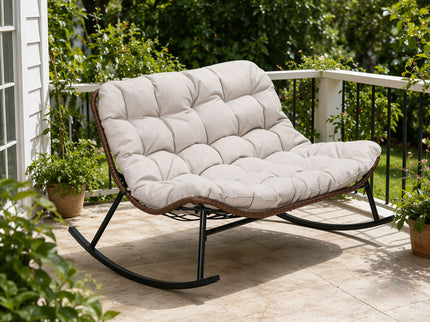 Double Wide Rocking Papasan Chair, 2 Person Outdoor Lounge Seating - Acacia Wood / Beige