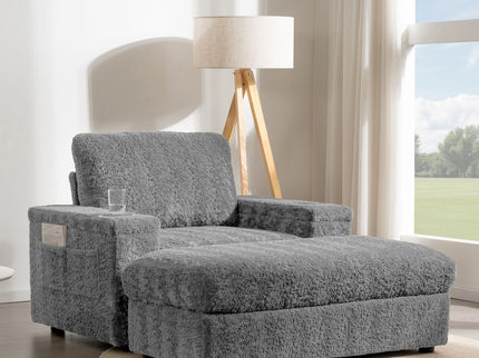 Oversized Chaise Lounge Indoor Rabbit Fur Sofa Bed With Storage Ottoman And Armrests Cup Holders With Deep Seat