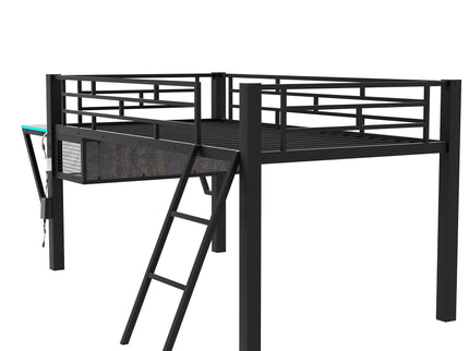 Modern Gaming Mid Loft Bed With Desk And LED Lights