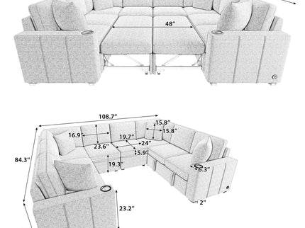 Modern U-Shaped Sectional Sofa Convertible Pull-Out Sofa Bed With USB Ports And Cup Holders