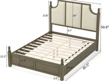 Farmhouse Platform Bed Frame With Tall Linen Upholstered Headboard