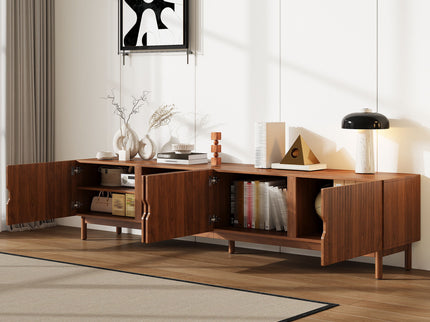 TV Stand With Legs, Media Console, 4 Cabinets For Living Room - Natural Wood