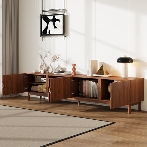 TV Stand With Legs, Media Console, 4 Cabinets For Living Room - Natural Wood