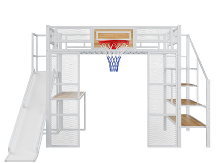 Loft Bed With Built In Desk, Open Wardrobe, Basketball Hoop, Slide And Staircase