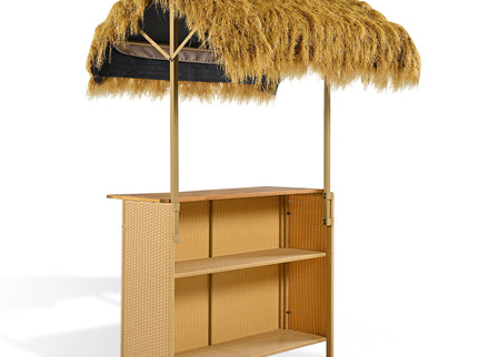 Hawaiian-Style Bar Height Patio Set With PE Grass Canopy, Outdoor Bar Table And Stools With Adjustable Feet, Acacia Wood Top, For Dining And Drinking - Natural