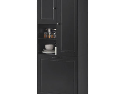Modern Tall Storage Cabinet With Adjustable Shelves, Flip-Out Basket & Enclosed Doors
