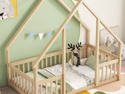 Wood House-Shaped Floor Bed With Fence, Guardrails