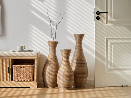 3 Piece Artificial Rattan Floor Vase Set Decorative Accent For Living Room, Hallway & Entryway, Ideal For Dried Or Silk Flower Arrangements - Beige