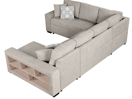 U-Shaped Sectional Sofa Pull-Out Sofa Bed With Two USB Ports, A Storage Chaise Lounge And Four Back Pillows For Living Room