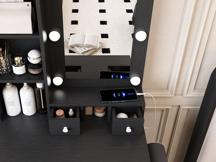 Vanity Table With Mirror, Adjustable LED Lights, Power Outlet, Hairdryer Holder & Stool