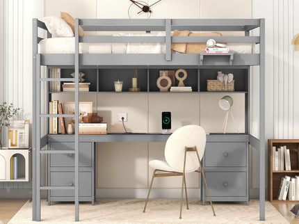 Loft Bed With Desk, Cabinets, Drawers, Charging Station And Bedside Tray