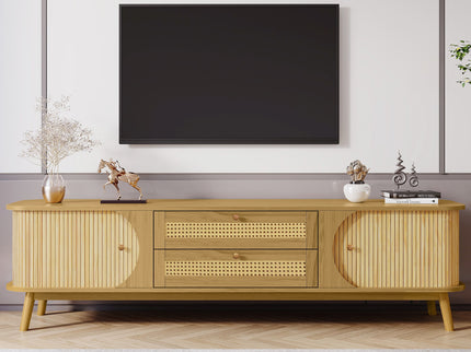 Rattan TV Stand For Tvs Up To 75'', Modern Farmhouse Media Console, Entertainment Center With Legs, TV Cabinet For Living Room, Home Theatre - Natural Wood