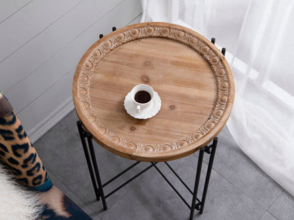 Round Side Table With Wood Top, End Table For Living Room Bedroom - Black Brown
