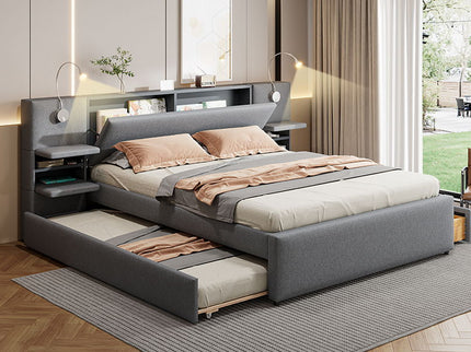 Upholstered Platform Bed With Reading Lights, Drawers, Trundle And Shelves