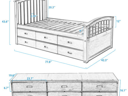 Twin Size Platform Storage Bed Solid Wood Bed With 6 Drawers - Gray