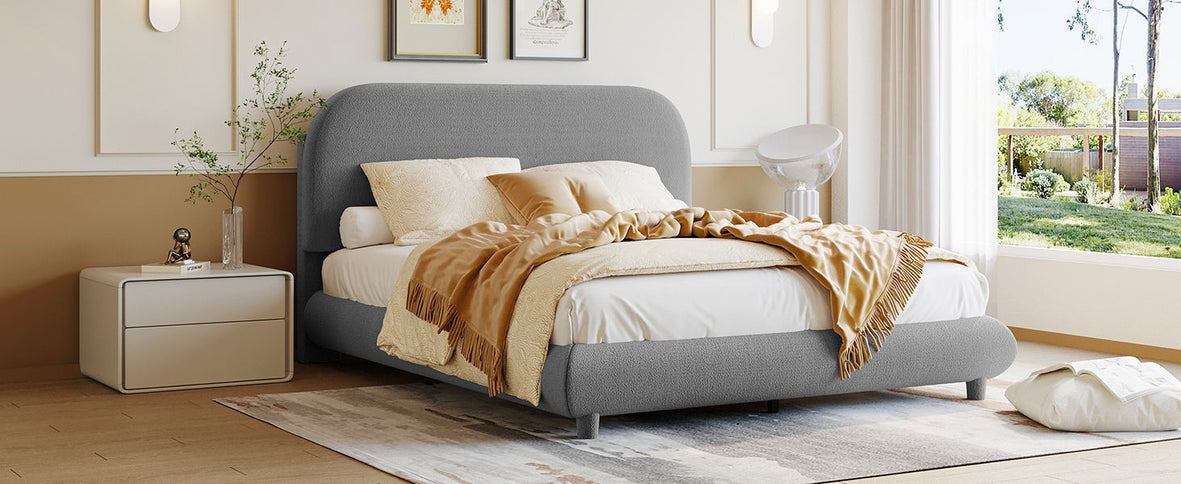 Upholstered Platform Bed With Thick Solid Frame And Stylish Curve-Shaped Design