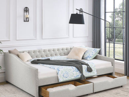 Upholstered Tufted Daybed With Drawers, Waved Arms