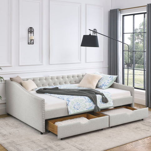 Upholstered Tufted Daybed With Drawers, Waved Arms
