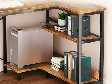 L-Shaped Gaming Desk With Power Outlets, Monitor Stand & Storage Shelves, Reversible Corner Workstation - Black / Brown
