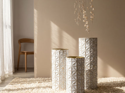 Tall Textured Geometric Decorative Floor Vases Home Decor (Set of 3) - White / Gold