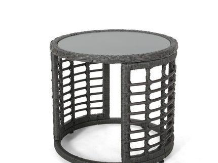 Achill - Outdoor Modern Boho Wicker Side Table With Glass Top - Gray