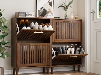 Medieval Modern Shoe Cabinet With 2 Flip Drawers And Fence Design