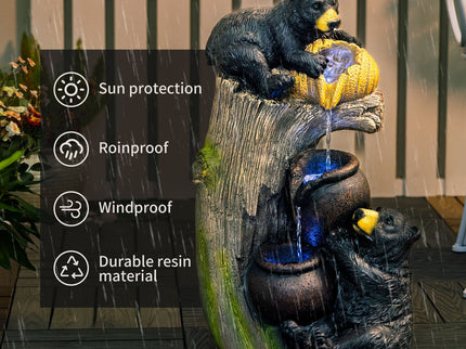 Bear Tree Stump Outdoor Water Fountain With LED Lights - Brown Gray
