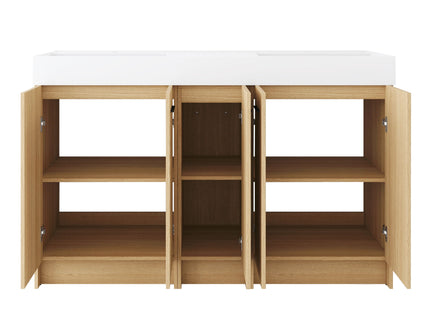 Double Sink Bathroom Vanity With Extra Large Storage, Integrated Sink, Freestanding Cabinet, Soft Close Doors - Glossy White / Light Oak