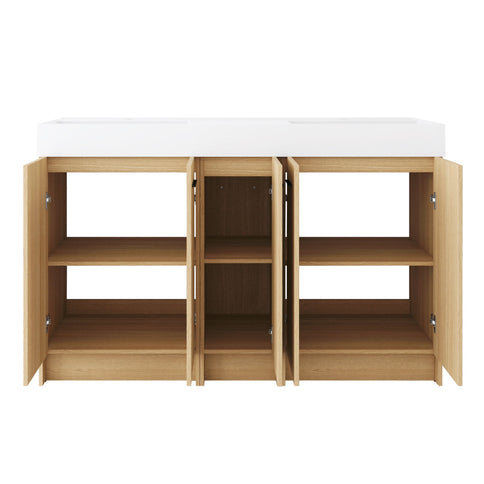 Double Sink Bathroom Vanity With Extra Large Storage, Integrated Sink, Freestanding Cabinet, Soft Close Doors - Glossy White / Light Oak