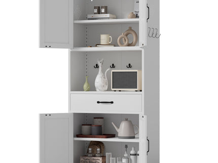 Kitchen Pantry Cabinet With Adjustable Shelves, Drawers, Hooks And Large Countertop - White