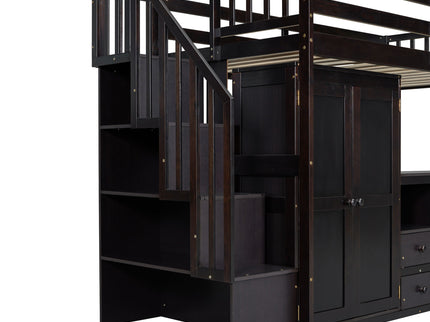 Loft Bed With Stairs, Bookshelf, Drawers, Desk & Wardrobe, Space Saving Multifunctional Furniture