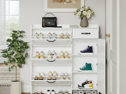 Shoe Cabinet With 4 Doors 1 Drawers, PVC Door With Shape, Large Space For Storage - White