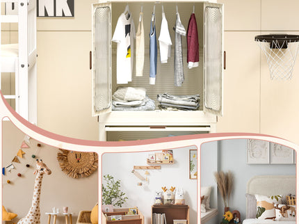 Portable Wardrobe Closet Storage Organizer With Magnetic Doors And Hanging Rod - Cream White