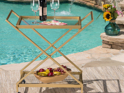 Sherianne - Industrial Bar Cart With Tempered Glass Shelves And Swivel Wheels - Gold