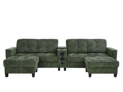 Modern Sectional Sofa U-Shaped With Movable Ottomans, tooth Speakers, LED Lights And Modular Storage
