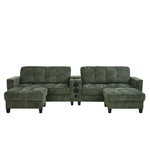 Modern Sectional Sofa U-Shaped With Movable Ottomans, tooth Speakers, LED Lights And Modular Storage